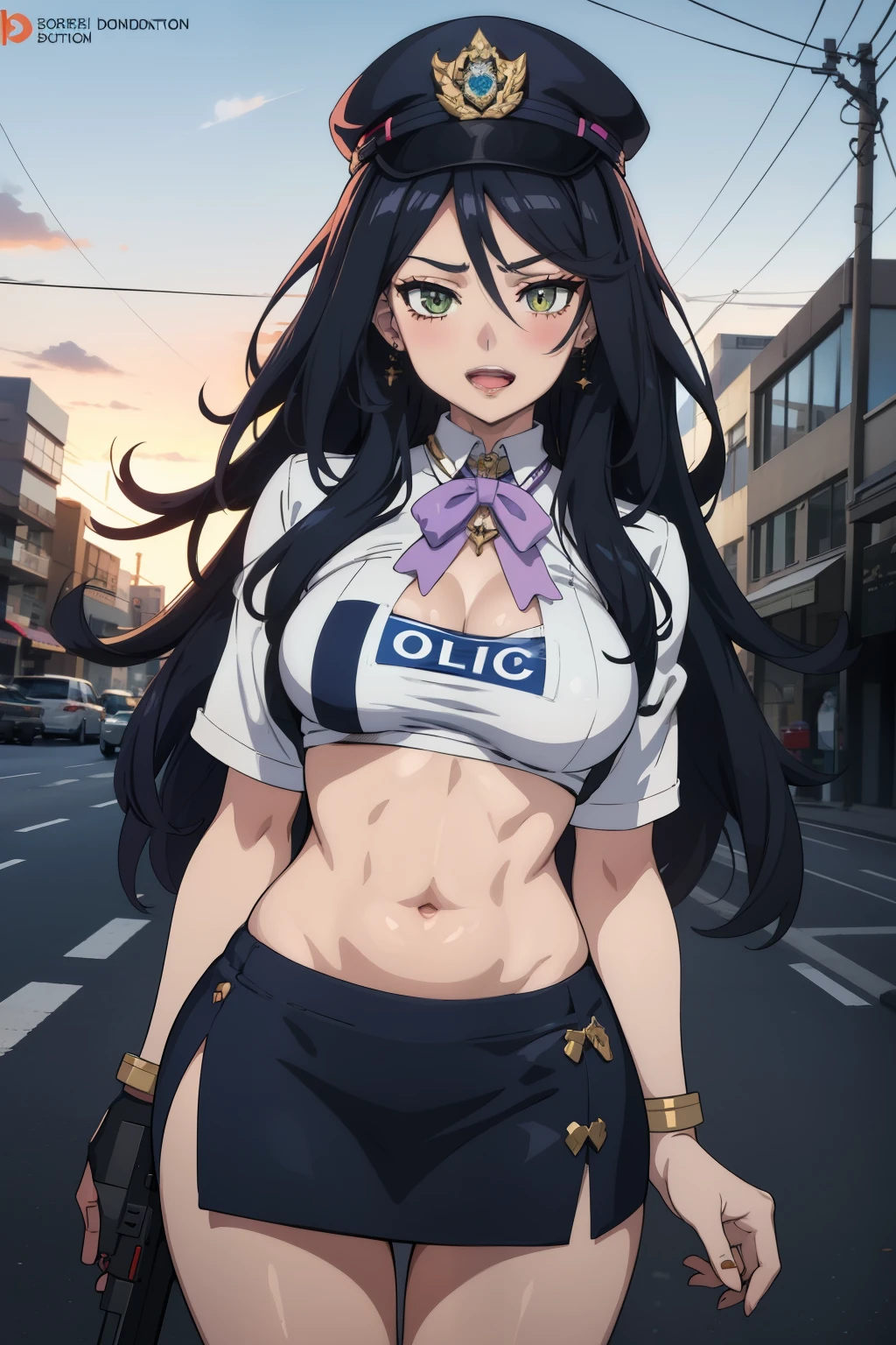 1girl sharon holygrail, long hair, choker, blush, lipstick,,jewelry, earrings, Hot girl, baddie, bad attitude, mean girl, crazy, smoking, sensual, attractive, masterpiece, best quality, highly detailed, a anime girl in police uniforms , police outfit, military outfit,
open mouth, cleavage, evil smile, smile, ecchi anime style, anime girl, digital anime art!!, in anime
style, (nsfw) not safe for work, official artwork, , beautiful anime girl, anime style 4 k, micro pencil
skirt, pencil skirt, micro skirt, exposed
belly, exposed navel, exposed midriff, exposed lower belly, holding a gun, holding pistol,next to police
car,outdoor,street,road, police car