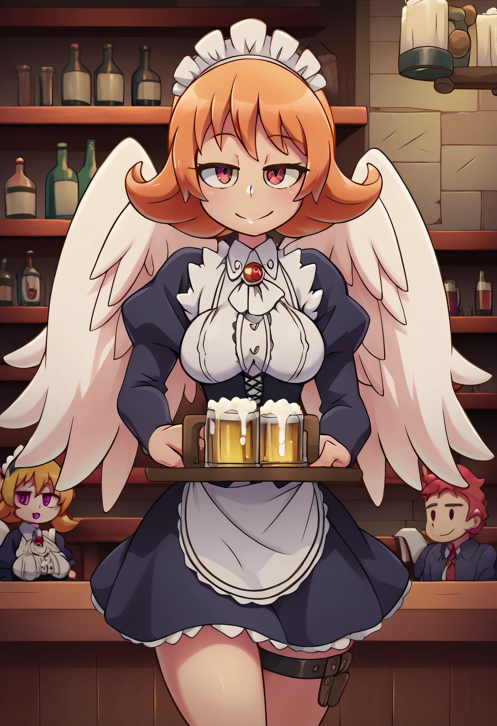 score_9, score_8_up, score_7_up, source_anime, reviewermeidri, meidri, short hair, bangs, red eyes, orange hair, flipped hair, mature female, long sleeves, dress, jewelry, frills, wings, puffy sleeves, apron, maid, maid headdress, thigh strap, juliet sleeves, brooch, white apron, feathered wings, maid apron, puffy long sleeves, white wings, indoors, bar, tavern, tray, food, beer, mug, smile, looking at viewer, aroused, sensual smile with mischief, half lided eyes, sexy pose, empty tavern, empty bar