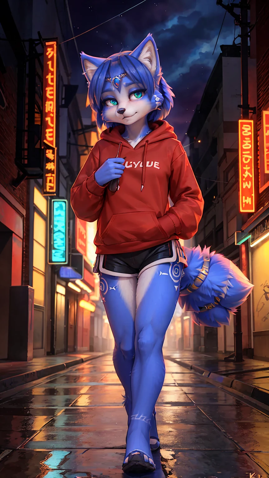 a picture of ((krystal)), Star Fox krystal, lovable, green eyes, medium breasts, (((Long blue hair 1.3))), Decollete, anthro, furry, Uploaded E621, detailed fluffys fell, (von Fluff-Kevlar, Bayard Wu, Pino Daeni), detailed face, (fluffy), 1 girl, alone, sweet girl, alone, wearing a red hoodie, wearing black hot pants, walk on a street, Abandoned city at night, demure, no longer sick, spooky atmosphere, Scary, omnious, Red hue, extremely detail, alone, Nice, good quality, 4K, 8k, HDR