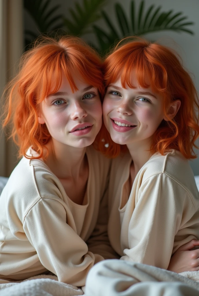 Twin girls in, athletic figure, age 18, Solo, Aesthetic artwork, irish redhead, wavy ginger hair, shoulder length ginger hair, brilliant eyes, light grey eyes, some small freckles, pale skin, large perky breasts, cleavage, (textured skin, skin pores:1.1), (moles:0.8), imperfect skin, goosebumps, (extremely detailed 8k wallpaper), soft lighting, high quality, film grain, Fujifilm XT3 sharp focus, f 5.6, 50mm, High Detail, Sharp focus,(natural light), dancing, nude ,shapely legs, crazy details, complex details, hyperdetailed, big, dark background, bed, full body,  large perky breasts, teasing smile, 