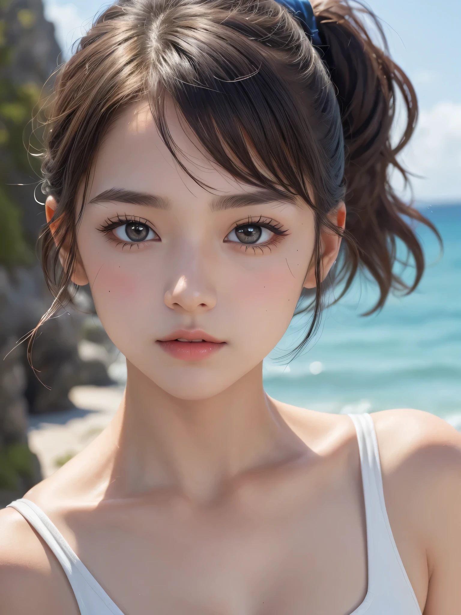 One Girl，Very cute girl ，Big eyes:0.5，The face is facing straight ahead，Body facing forward，Beautiful nose，Fuller lips，Short black hair，ponytail，Detailed eyelashes，Thin eyebrows，Symmetrical eyes，Face close-up，White swimsuit，Portrait，View Viewer, half smile:0.5,