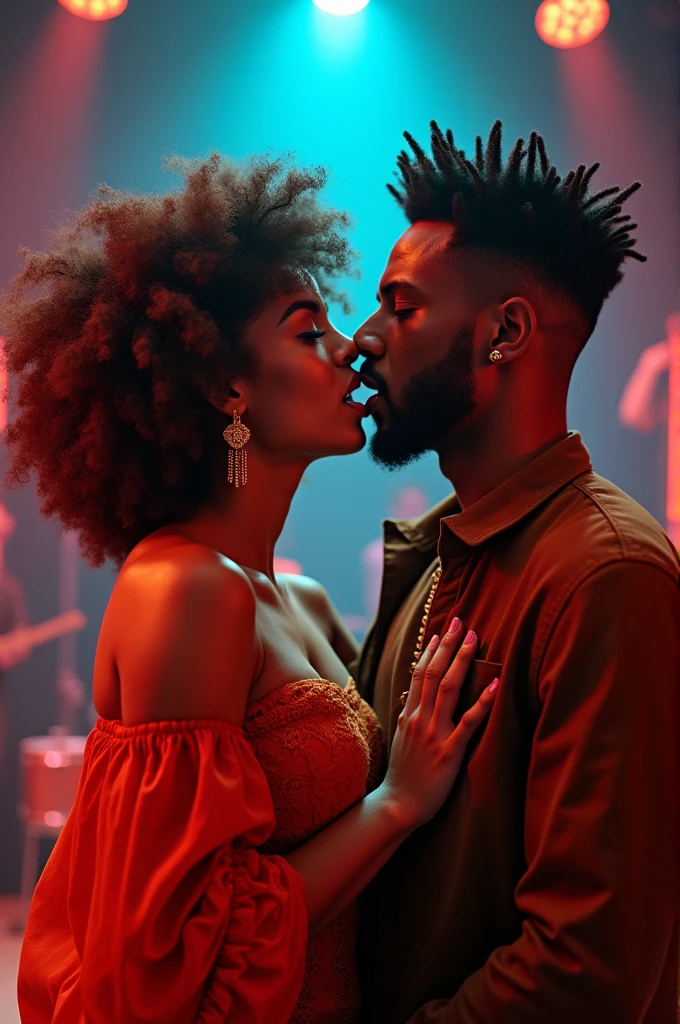 A beautiful black couple embracing each other in a house with red lights, ultra high resolution, afrofuturism, extremely detailed, 8K, masterpiece:1.2, fashionable attire, vibrant colors, moody lighting.