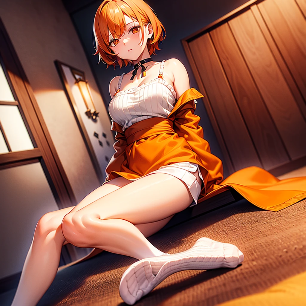 A Female robot is sleeping in a fridge, spread legs, nude, banzai pose. she wears no dress. She Brown short hair is tied with two big red clothespins, She lifts up the under hem of her white plain dress, leaning over, masterpiece, very short pigtails,brown hair, mature, android, blue eyes, full body figure, Height: 160cm, flushed cheeks, 2020s anime picture, A beautiful robot with short brown hair in two short pigtails held up by two very large huge red clothespins, Uplifting, No NSFW, whole body, barefoot, archaic smile, getting orgasm, 25 years old, sweat bucket. robot skin.
