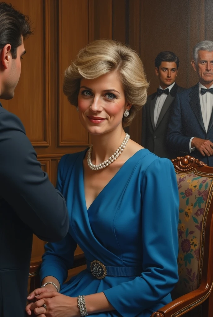 Princess Diana of wales, short blonde hair, blue eyes, 5’10, skinny, Sitting on to of her husband dick as they orgasm togther, Prince Charles of Wales, slick back black hair, blue eyes, 5’10, he is laying under Diana cum inside her