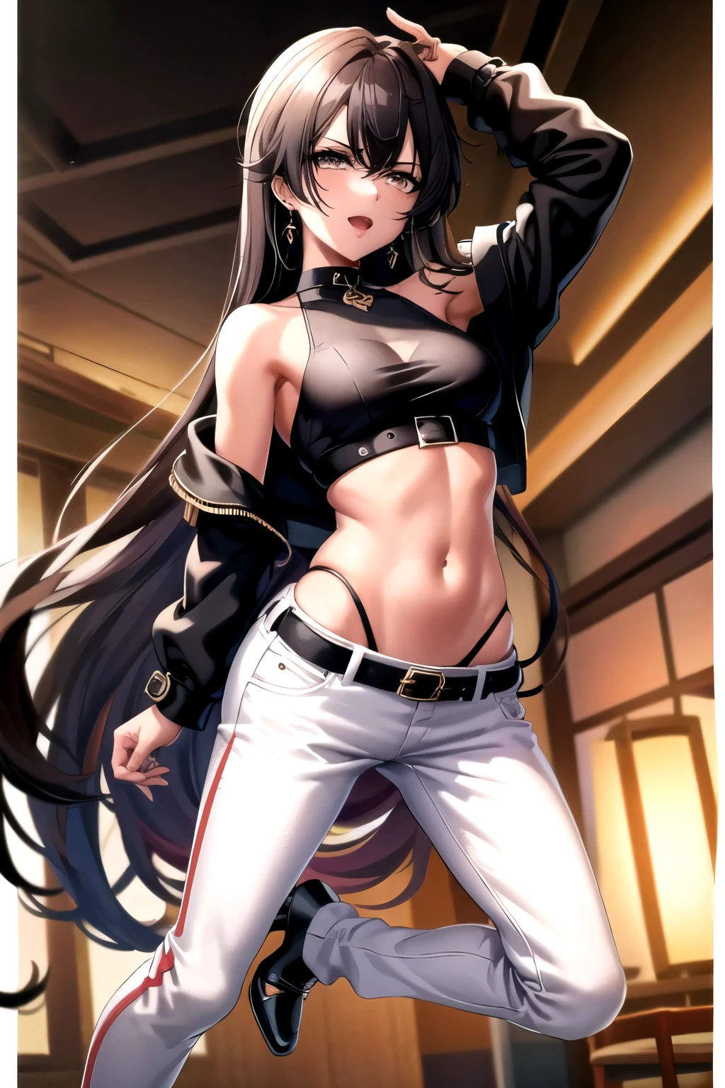 coashano, looking at viewer, shirt, long sleeves, navel, bare shoulders, jewelry, jacket,earrings, sleeveless, midriff, belt, pants, armpits, off shoulder, stomach, black footwear, black eyes, arm up, high heels, open jacket, black jacket, crop top, hand on hip, torn clothes, black shirt, low-tied long hair, contrapposto, black belt, white pants, bar background, inside bar, indoor,smile, open mouth, Hot girl, baddie, bad attitude, mean girl, crazy, smoking, sensual, attractive