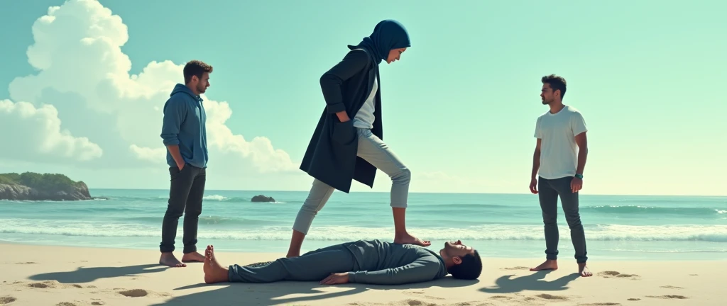 Grey headscarf on the beach, grey baggy sweatpants, barefoot, sexy skinny woman in white long sleeve t-shirt. Man lying in front of woman. Woman puts her foot on man's sweatpants.