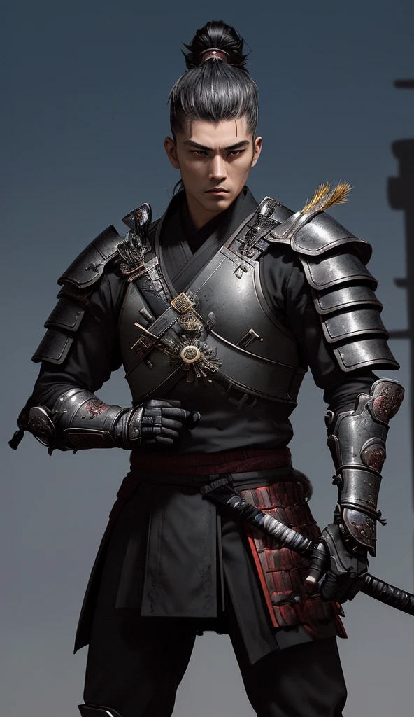 1 Samurai warrior man, short hair, self portrait, diffraction peaks, f/1.8, Nikon, high detail, UHD, masterpiece, best quality, highres, 16k
