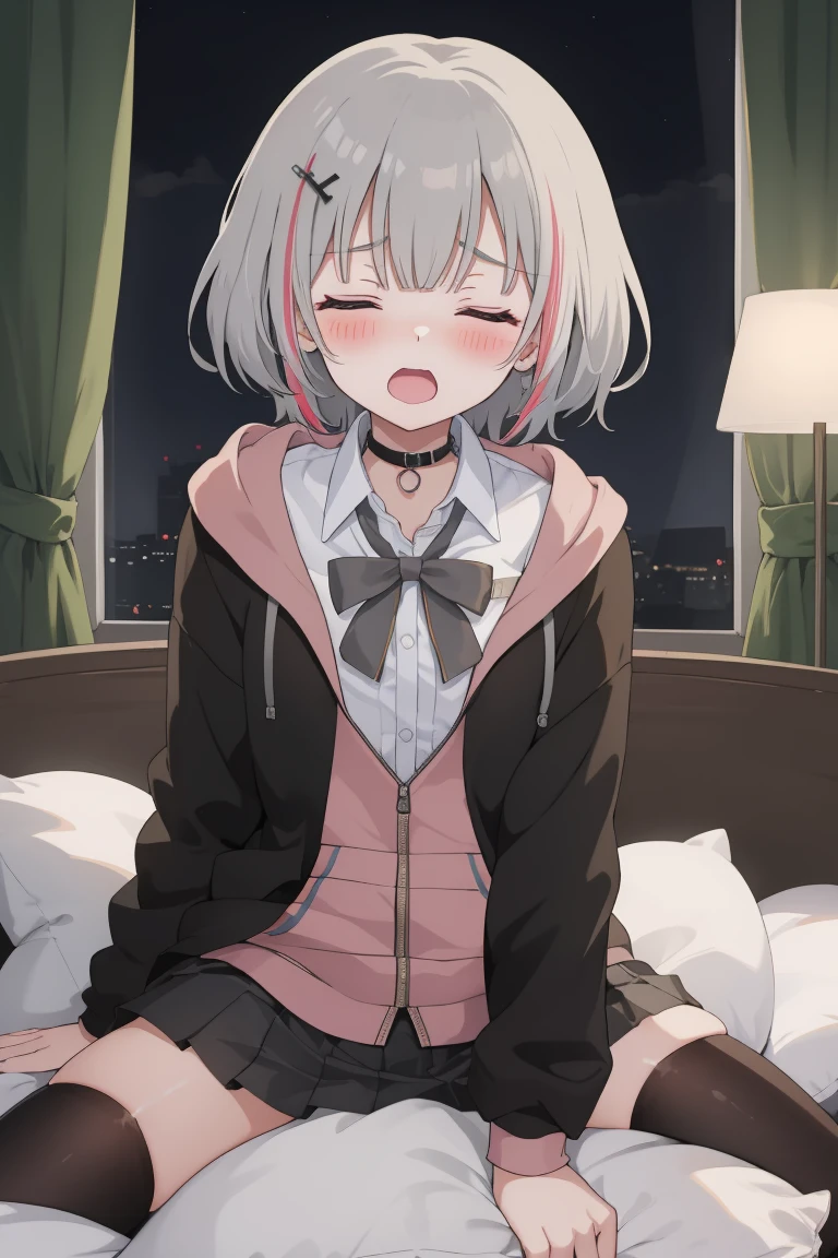 score_9, score_8_up, score_7_up, score_6_up. Optional: source_anime, Portrait, official art, best masterpiece, best quality, best resolution, 8K, best detailed, perfect anatomy
BREAK
1girl, solo, bbsena, grey hair, short hair, multicolored hair, hair ornament, black choker, bowtie, collared shirt, hoodie, black jacket, open clothes, long sleeves, grey skirt, pleated skirt, black thighhighs, (flat chest, short stature:1.2), black panties
BREAK
masturbation, Straddling, pillow humping, crotch rub, pillow, on pillow
BREAK
(blush:1.3), (ahegao, female orgasm, shy, close your eyes:1.2), lewd face, troubled eyebrows, open your mouth
BREAK
luxurious room, bed room, (night, midnight, darkness:1.3), very fine and detailed 16KCG wallpapers