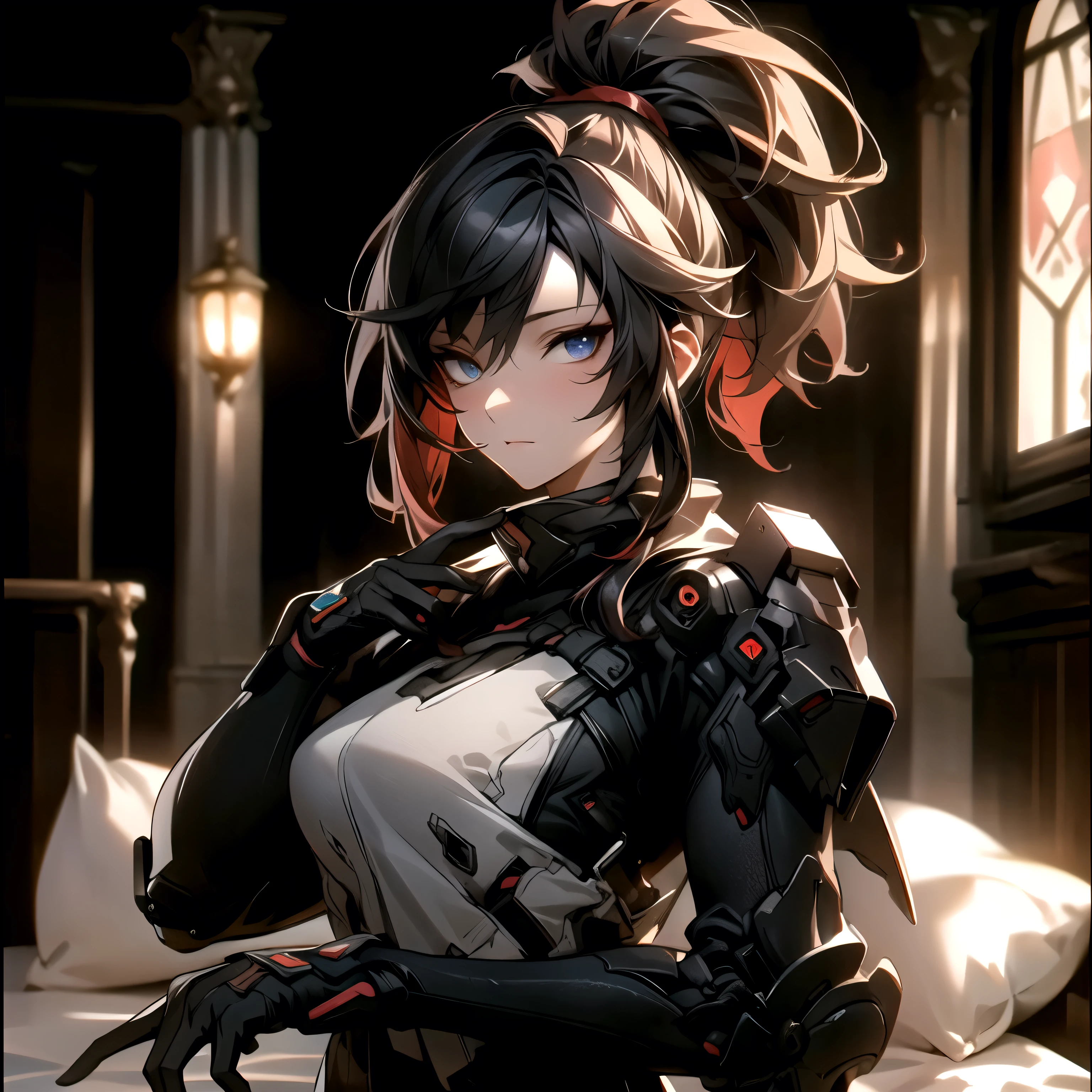 masterpiece, high quality, 4K, Beautiful design, Shiny, Award-winning photo, Very detailed, wonderful, The finer details, Absurd, Very detailed woman, Very detailed ,  Black Dress、Red eye contact lenses、Breast size D、I can see the chest、（One Girl) ,(((Dark skin)))、 Dynamic Angle , Official Art , Are standing , Bottom View