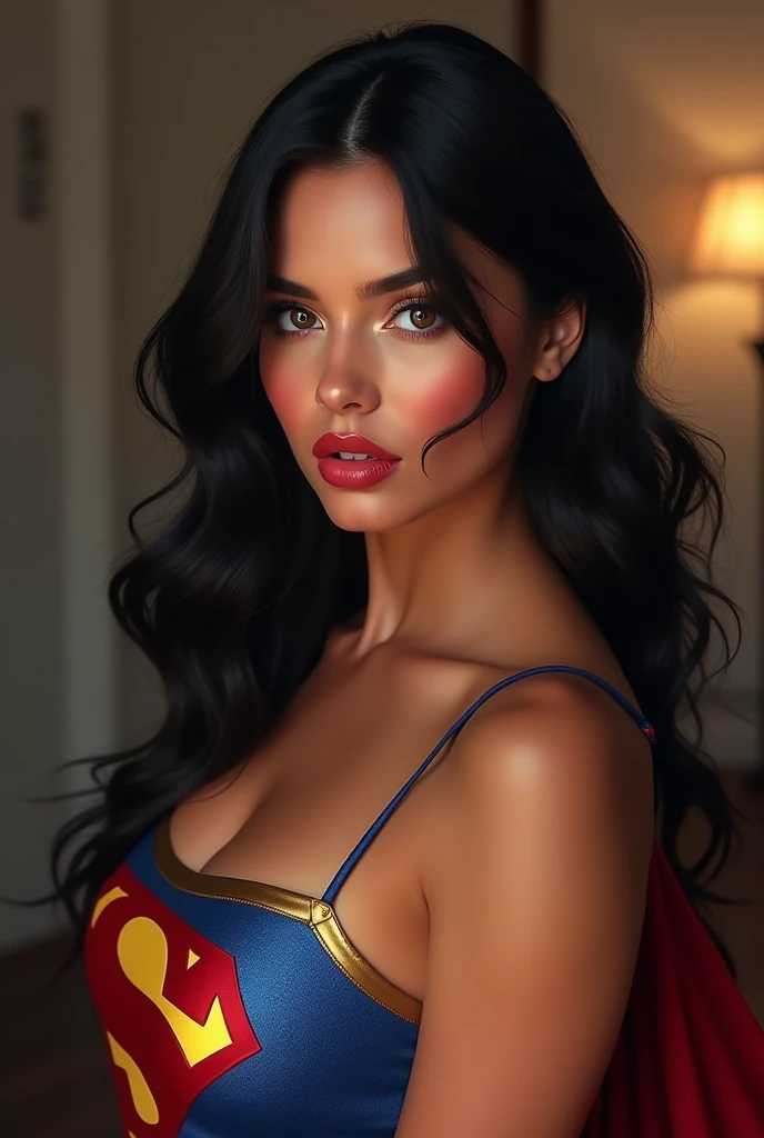 (best quality,4k,8k,highres,masterpiece:1.2),ultra-detailed,(realistic,photorealistic,photo-realistic:1.37),portrait, Carly ,beautiful detailed eyes,beautiful detailed lips,extremely detailed face,long eyelashes, sexy,soft lighting,subtle background,professional photography,vivid colors full body ,  by a fan, blushing face () full body (seductive) (ready for sex) (biting her lips) (Supergirl outfit) (long black hair), nude, naked