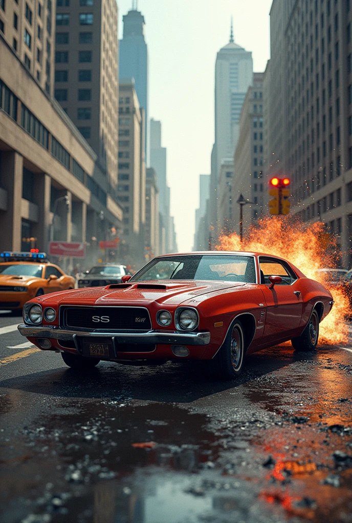 Vividly describe the cityscape in the midst of chaos: The once prosperous metropolis is now in ruins, The towering buildings were engulfed in thunderous flames,The wreckage of the car is scattered across the streets.