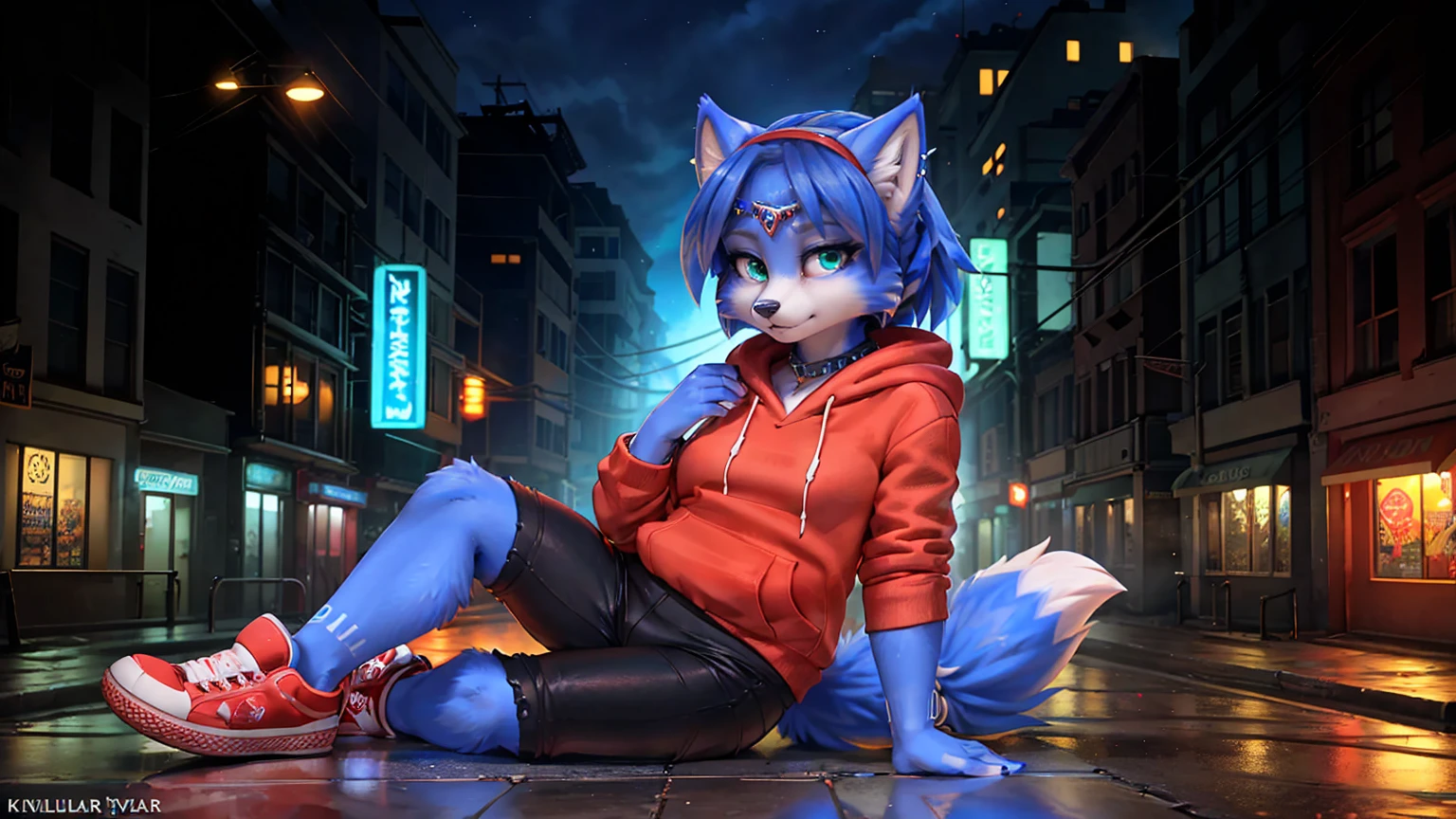 a picture of ((krystal)), Star Fox krystal, lovable, green eyes, medium breasts, (((Long blue hair 1.3))), Decollete, anthro, furry, Uploaded E621, detailed fluffys fell, (von Fluff-Kevlar, Bayard Wu, Pino Daeni), detailed face, (fluffy), 1 girl, alone, sweet girl, alone, (((wearing a red hoodie))), (((wearing black hot pants))), (((wears red sneakers))) walk on a street, Abandoned city at night, demure, no longer sick, spooky atmosphere, Scary, omnious, Red hue, extremely detail, alone, Nice, good quality, 4K, 8k, HDR, no signatures