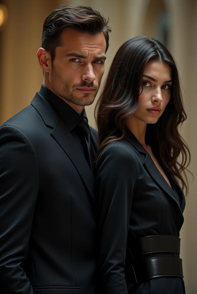 A handsome man with fine hair style, black hair and black eyeballs wearing a suit and a beautiful woman with hazel eyes and honey brown hair. Next to each other and the man's expression is cold and flat, looks so grumpy mad. the woman's expression is fearful. She’s wearing maid clothes. Realistic art style.