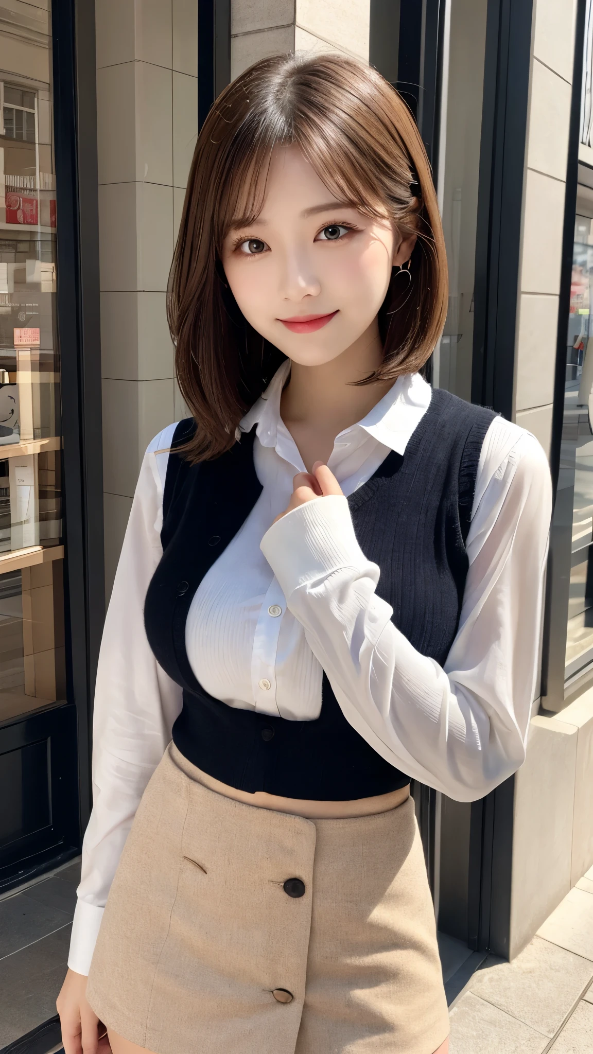 Master masterpiece, beste-Qualit, HD fine, fel1, Pretty Woman, whiteshirt, Cute clothes、collared shirt, Sweater Vest,  Cowboy Shot, Thank、Thank、Thanksgiving Pose, Smiling face, Open your mouth、front、Joy
