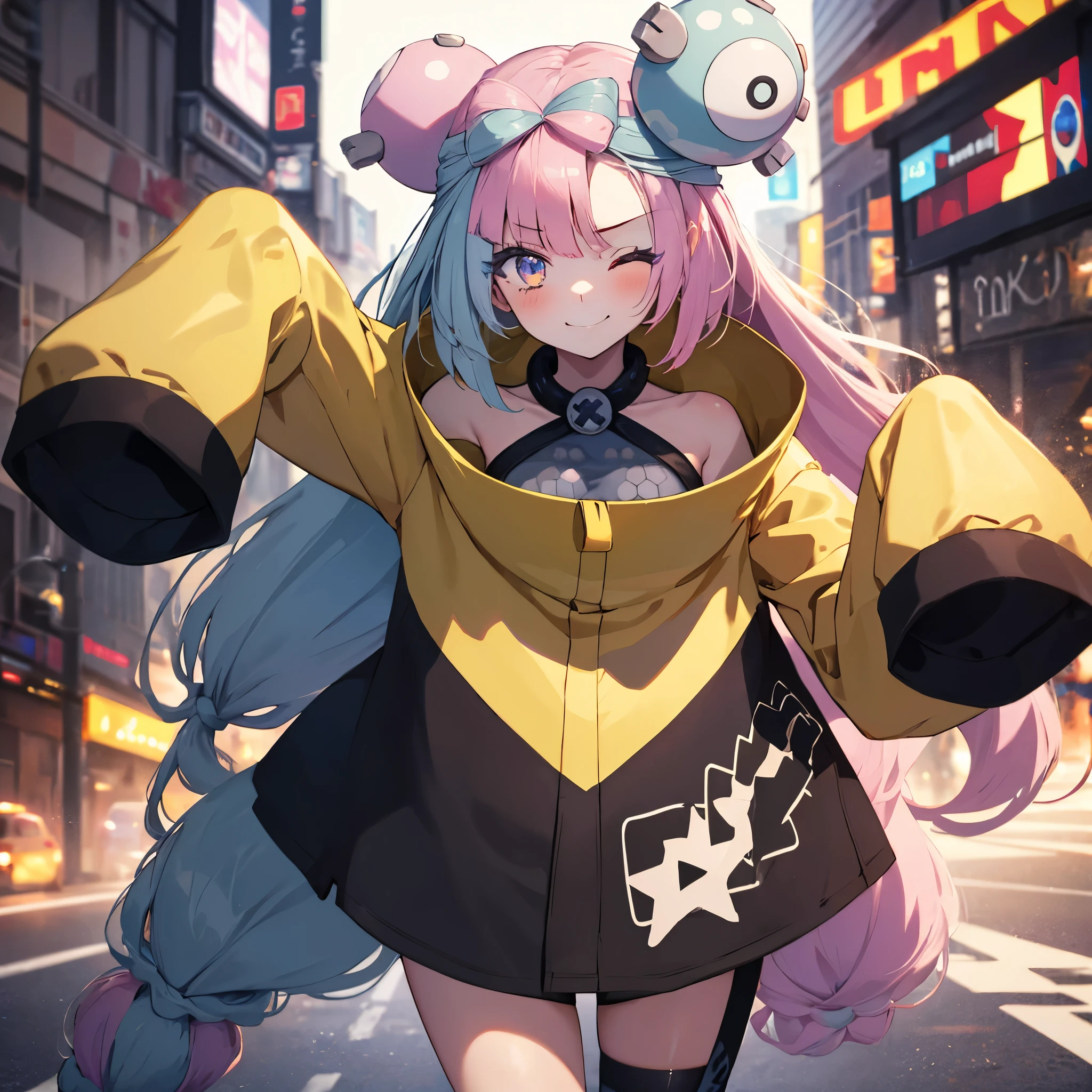 Anime girl with headphones walking down a city street - SeaArt AI