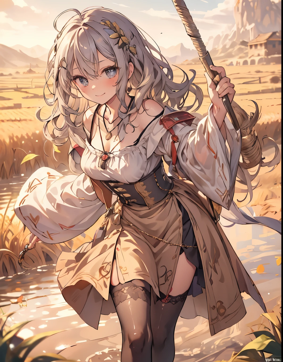 masterpiece, 1 girl, sparrow, a silver haired girl, wearing a medieval villager clothes, curly medium hair, messy hair, slim body, he close her left eye, shirt ornament, ruby eyes, ahoge, baby face, long sleeves, beautiful eyes, white stocking, droopy eyes, her age is 19, nagisa_bluearchive, seductive face, medium hair, seductive smile, curly hair, wheatfield, MongolPunkAI, medium breasts, view from right down, she tease you, lend a hand to you, she very close to you, smug smile, rainbow_one, farmer clothes, leaf skirt, crocth tattoo, necklace, erotic smile, peplos