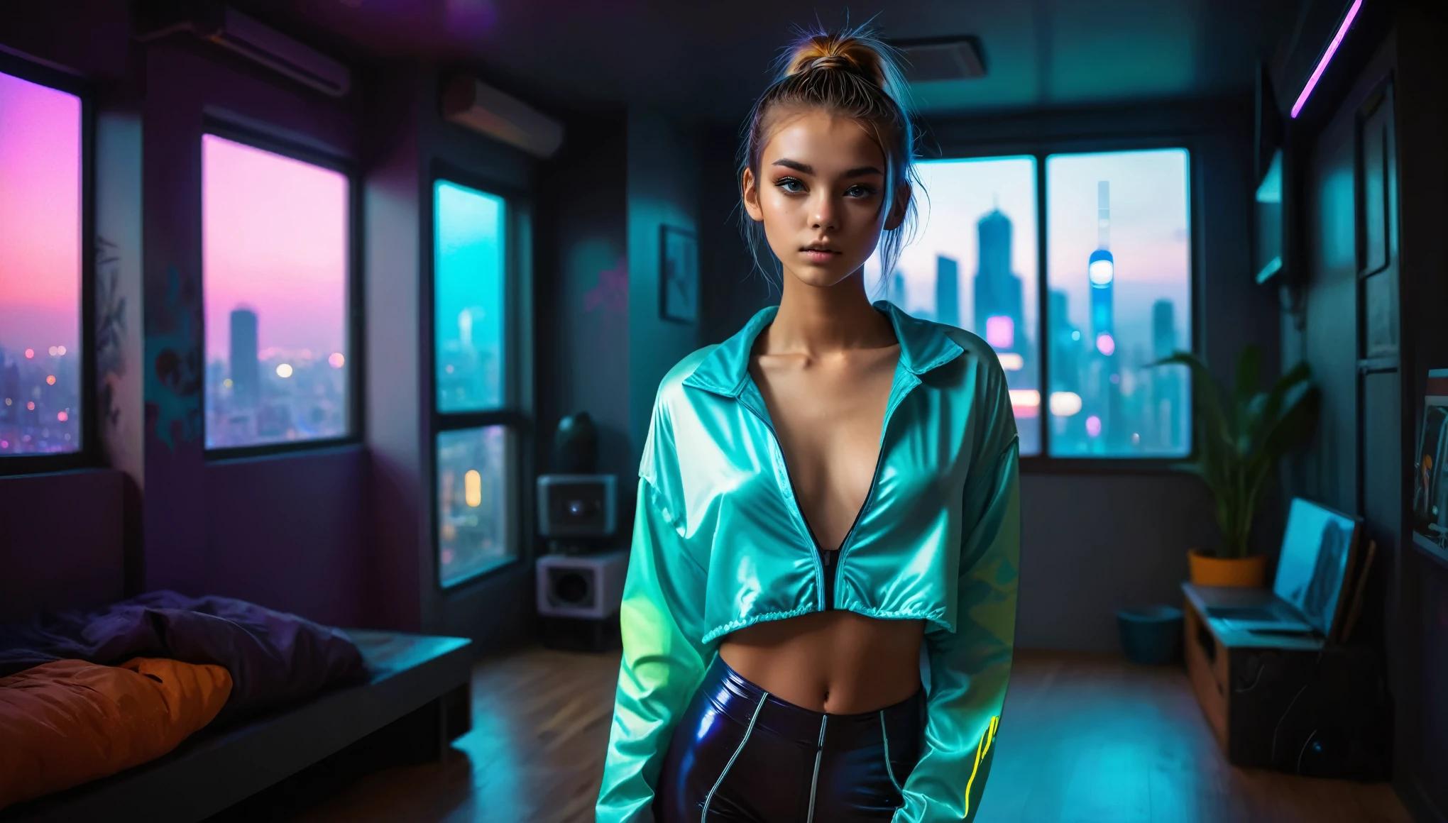 Top Quality, Masterpiece, High Resolution, 8k, (cute skinny barely legal girl ((((in oversized loose thin silky puffer crop shirt with plunging neckline, deep cleavage, deep neckline)))) and wetlook leggings, ((huge and large perky breasts)), beautiful detailed eyes, beautiful detailed lips, small closed mouth, extremely detailed face, tanned skin, long slick ponytail hair, small hips, some tattoos, very young girl, girl), (((in cyberpunk apartment))), (random neon colors), futuristic setting, intricate details, at night, backlit, full body shot