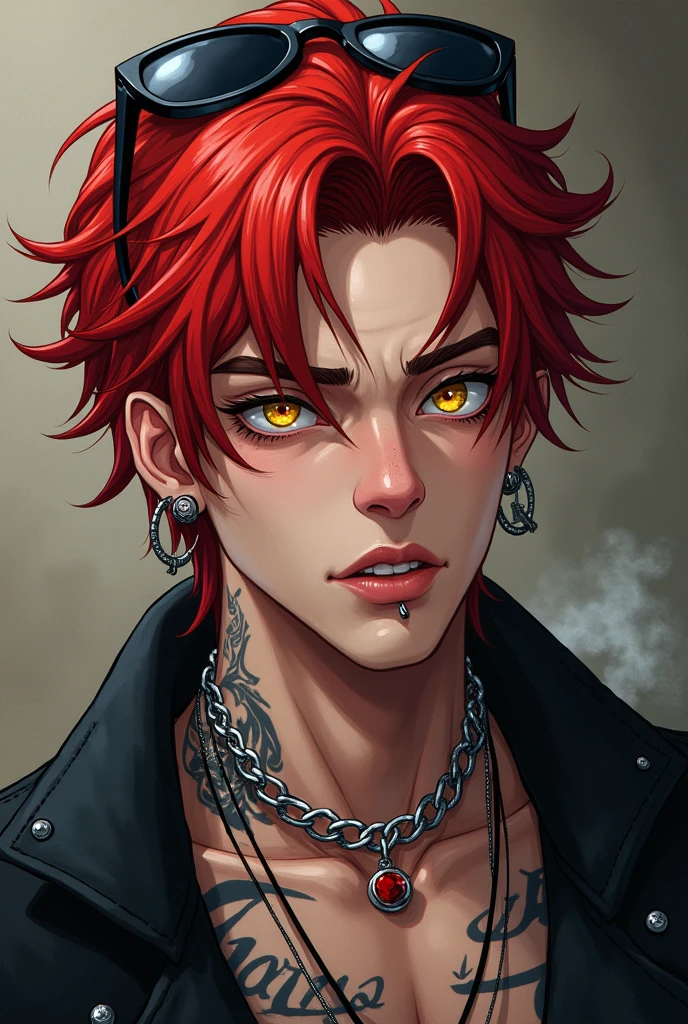 Iruma-kun, Male gender, shoulder length red hair, yellow eyes with cat pupils, fuck boy, tattoos on his neck, chest, arms and shoulders, Whole body, rock clothing
