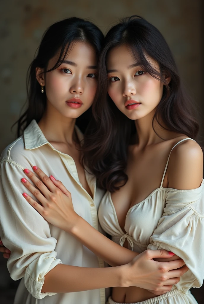 Medium shot, simple plain background, 2 girls, a medium shot of 2 buxom Japanese concubines, wearing low cut sheer robe, sleeveless, perky breasts, seductive smile