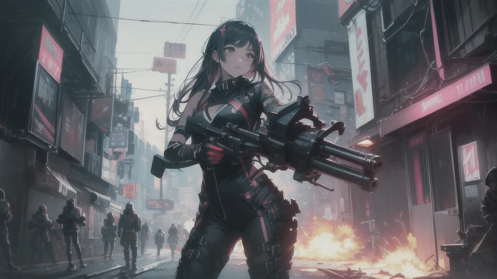 anime girl with a chainsaw and a gun in her hand, cyberpunk art by Shitao, pixiv contest winner, auto-destructive art, oppai cyberpunk, thicc, heavy detailed, (sfw) safe for work, heavy looking, biomechanical oppai, giantess art, badass anime 8 k, thicc build, highly detailed giantess shot