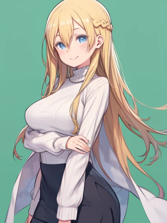 top-quality、Top image quality、​masterpiece、girl with((18year old、Best Bust、big bast,Beautiful blue eyes、Breasts wide open, Blonde ponytail、A slender,Large valleys、Black sweater、White pants、Ruby Earrings、Fluttering in the wind、Hold your hand forward、A slight smil)）hiquality、Beautiful Art、Background with((beautiful morning town、strong breeze)))、,masutepiece、visualart、depth of fields、