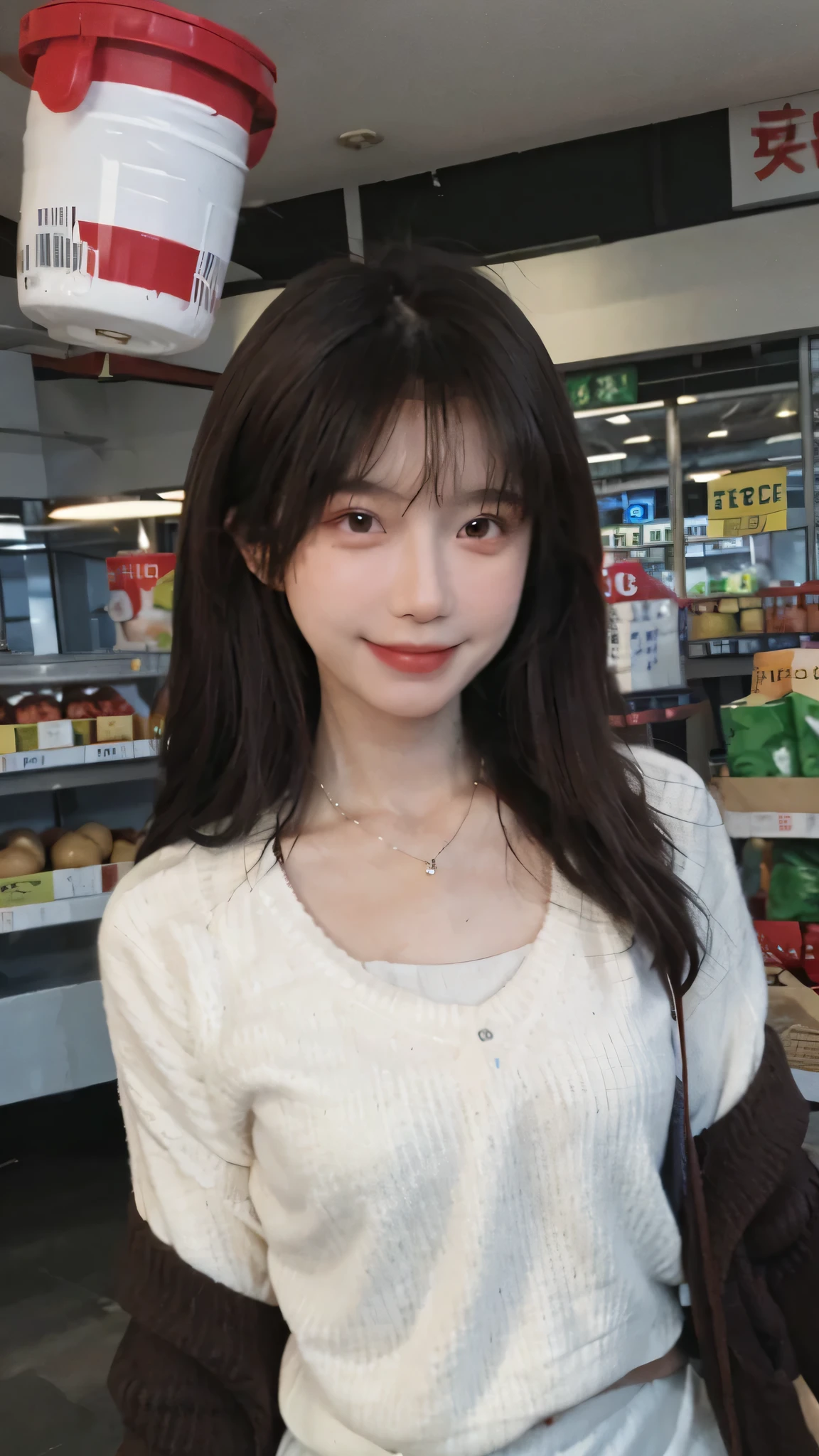 Best quality,Ultra-high resolution,(Realism:1.4),Cute hairpins,Baoyu Girl,1 Girl,Red short sweater,Beautiful woman with a slim figure:1.4,Abdominal muscles:1.1,(Brown hair,Mid-chest:1.3),supermarket,Super delicate face,Exquisite eyes,Double eyelids,make faces,necklace