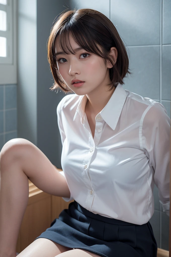 Completely naked、Lower body naked、No underwear、Lower body exposed、Pussy、Realistic, Spread your legs、(Absurd:1.3),8k,(Detailed Photos:1.5),(Detailed face and skin:1.3),(Ultra-high resolution:1.5),(Realistic:1.5),Symmetrical clear eyes,Well-groomed face,(Ray Tracing:1.3) ,One girl, Japanese,high school girl, break (wearing Japanese high ,White shirt,Red school ribbon tie,:1.3),((Bottomless,No panties,毛深いおPussy, Camel Toe)) break,masterpiece, Highest quality, Very detailed,classroom, break (Black short bowl cut hair、Side bangs),focus、Cinema Lighting,(blush:1.3)