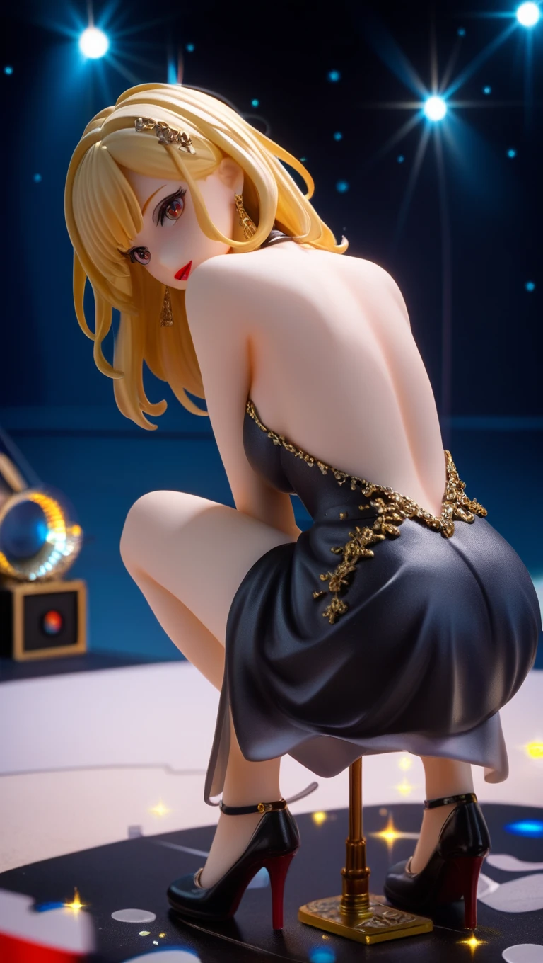 High resolution, Beautiful woman, Attention to detail, Good lighting, Obscene, conversion, ((Backless sequin dress)), ((Red high heels)), Bare thighs, Bare arms, (((Be incontinent))), (Pee), Peeの染み, (puddle), Thick thighs, Nice long legs, lipstick, Detailed face, Cute Face, Embarrassed and blushing face, Humiliated, ((On the disco stage)), (Squat), (Rear View),Stick your butt out