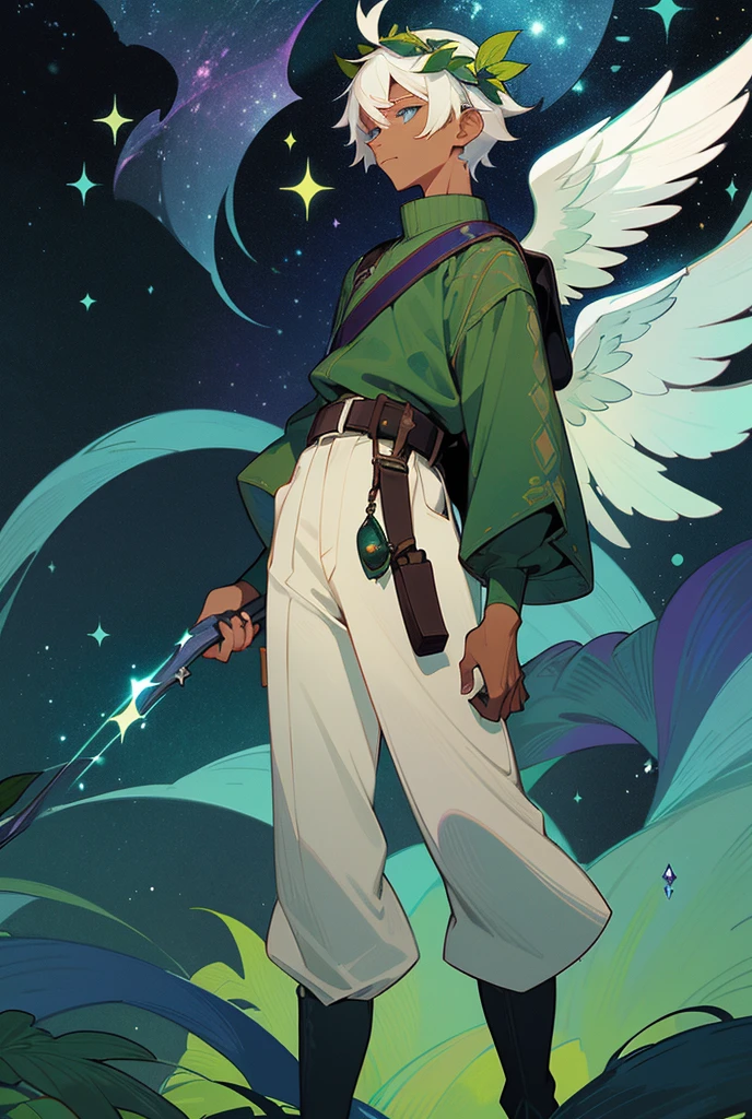 1 black man, short white hair, sky blue eyes with purple. Gardener. Accessories. Leaves on the head, White sweater, cargo pants, belt with waist bag, putting on boots. wings. Green branches with elongated leaves. Dark blue with green sparkles reminiscent of a starry night sky. detailed clothing. Starry forest background. mystical atmosphere. peaceful and serene.