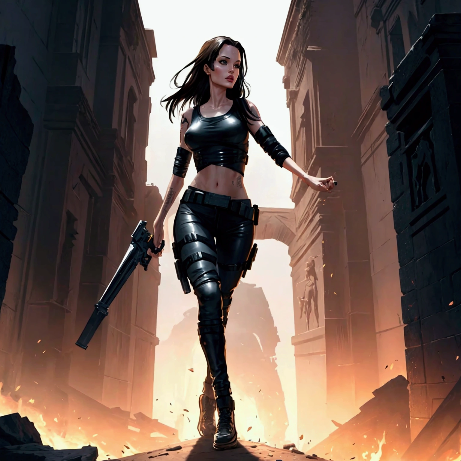 an attractive female bounty hunter standing in a fantasy wilderness (alientemple:1) <lora:djzAlienTemple_LB2:0.8>