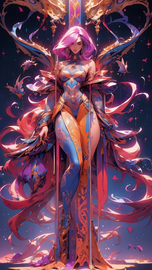 erjie, girl in a fluid and dynamic pose, wearing a loose, flowing pink dress, mysterious expression, curly black and pink hair, [Zhang Ziyi|Aishwarya Rai], in a modern and abstract setting, with bold and colorful abstract art, blurred background, bright lighting, official art, unity 8k wallpaper, (zentangle, mandala, tangle, entangle), intricate clothes,zhongfenghua (full body,from everywhere,masterpiece, top quality, best quality, official art, beautiful and aesthetic:1.2), extremely detailed,(fractal art:1.1),(colorful:1.1)(flowers:1.3),highest detailed,(zentangle:1.2), (dynamic pose), (abstract background:1.3), (shiny skin), (many colors:1.4), (feathers:1.5), dynamic angle, the most beautiful form of chaos, elegant, a brutalist designed, vivid colours, romanticism,