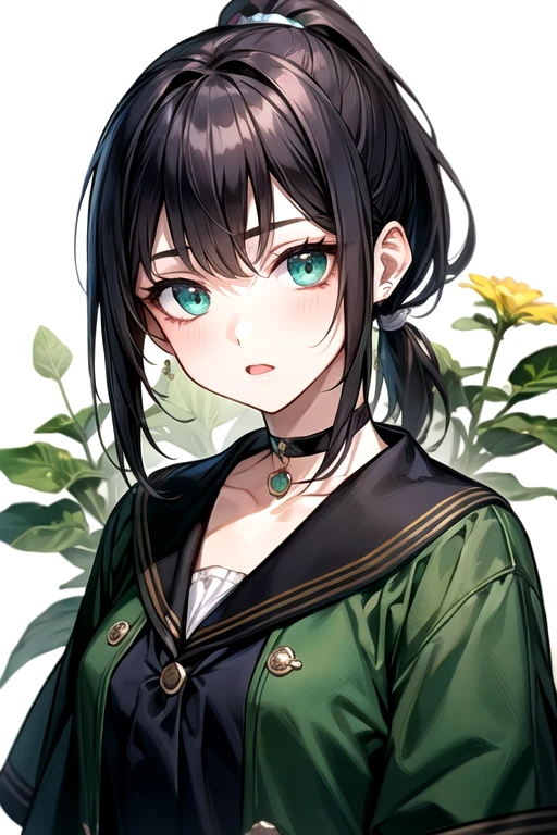 (Highest quality)、(Highest quality)、cute、(choker).eyes are emerald、(ponytail)、(Black Hair)、