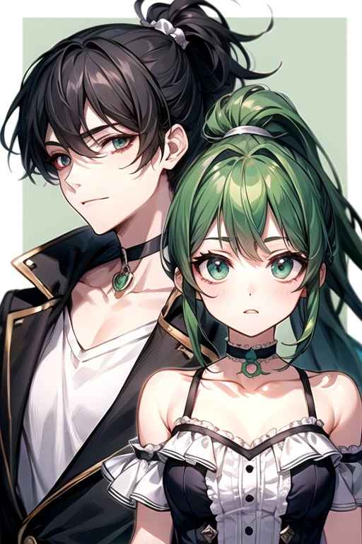 (Highest quality)、(Highest quality)、cute、(choker).eyes are emerald、(ponytail)、(Black Hair)、