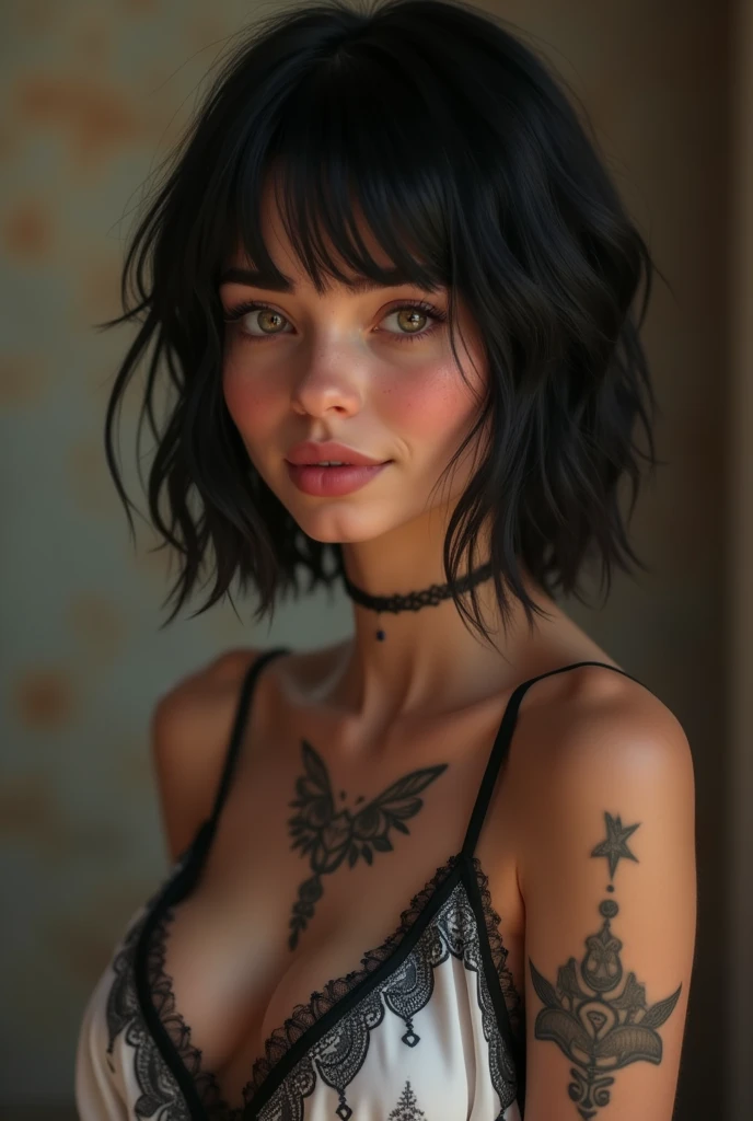 (Madison from Canada, long balck hair:1.1), Green_eyes, Medium_balck hair, brown_balck hair, Teenager, Not suitable for work, sexly, photorealestic, Full body view, lingerie, small breasts, sslim