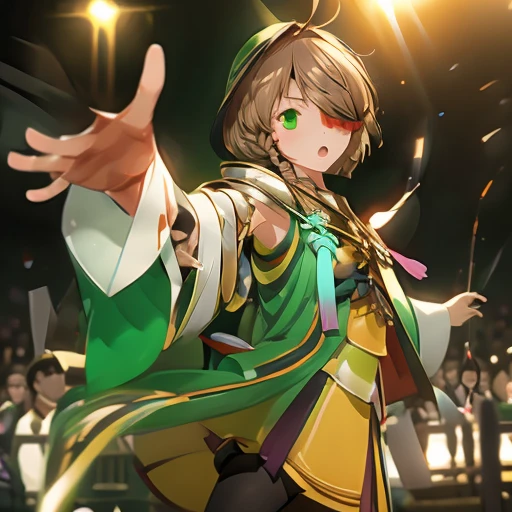 1girl, yamamoto kansuke, light brown hair, short hair, single braid, hair over one eye, ahoge, eyepatch, green eyes, Singing and dancing on the concert stage, Penlight, laser beam, lighting