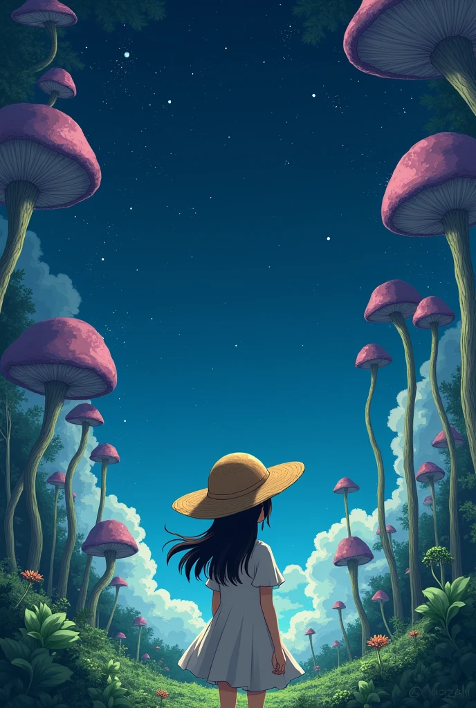 Back view of a girl in a straw hat　In a forest of ancient plants　starry skies　The wind is blowing　Ghibli animation style