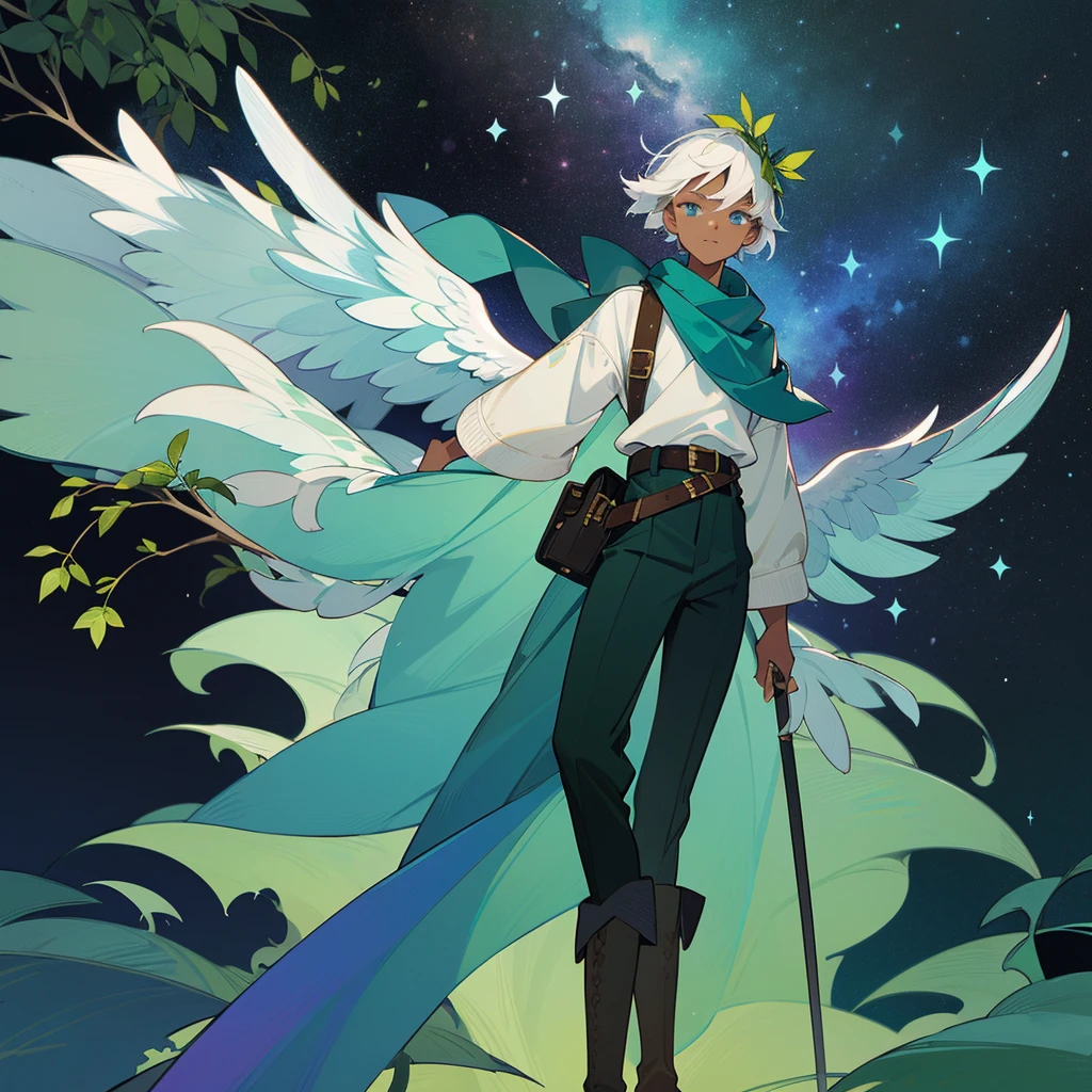 1 black man, short white hair, sky blue eyes with purple. Gardener. Accessories. Leaves on the head, White sweater, sleeves at the elbows, cargo pants, belt with waist bag, putting on boots. wings. Green branches with elongated leaves. Dark blue with green sparkles reminiscent of a starry night sky. detailed clothing. Starry forest background. mystical atmosphere. peaceful and serene.