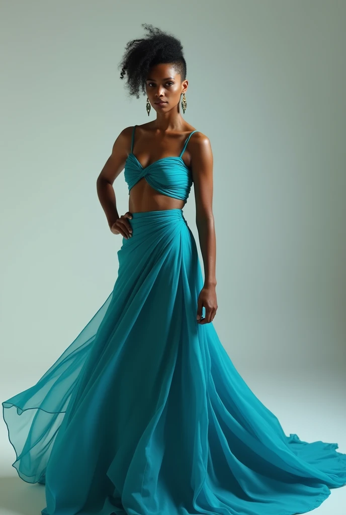 A full-body image of a Black woman exuding an angelic essence, posed elegantly against a gray background. She is dressed in a luxurious mint green silk gown with a flowing A-line silhouette and a subtle shimmer. The gown's silk charmeuse fabric drapes gracefully, adding a touch of refinement. Her curly hair is styled in a soft updo with pearl pins, creating a celestial crown-like effect. Her skin radiates a golden glow, enhancing her divine appearance. She wears mint green Ballet Flats. Her jewelry includes a raw pearl necklace and delicate crystal-studded earrings, adding a sense of ethereal elegance and timeless beauty to her look.