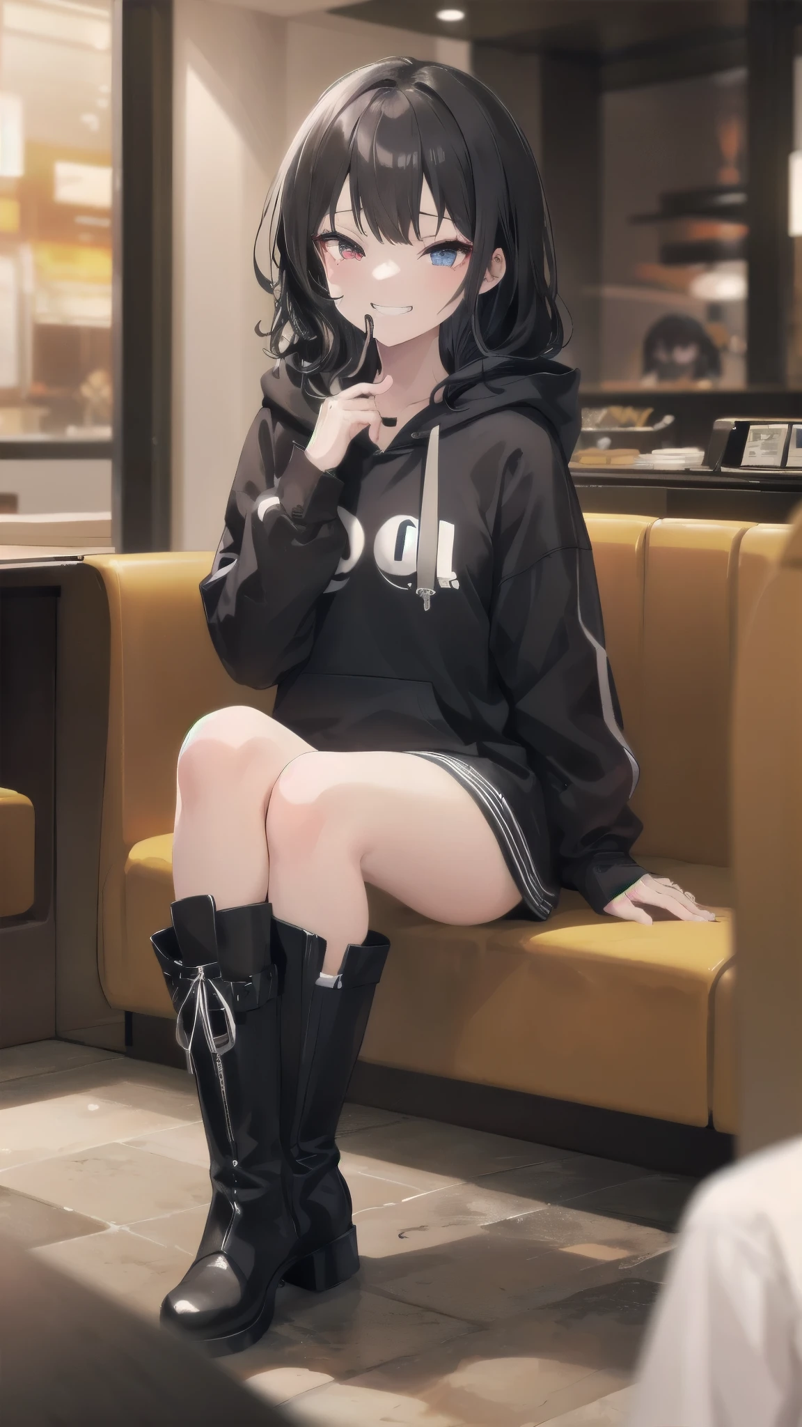 ((Disgusted face)),(((ラブHotel)))、Hotel、8k,Ultra-detailed game CG, (High resolution:1.1),(Absurd:1.1), Highest quality, 最High resolution, Very detailed, One Girl,((medium breasts)),cute、((grin)) 、((Sitting))、 black and White hoodie、Red and black hoodie、White hoodie、Black platform boots、(((Boot Focus)))、 Black Hair、(black long hair)、black eye、