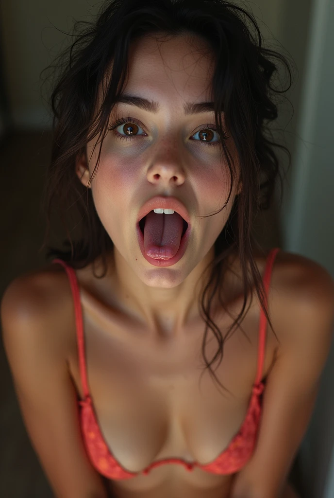 1 woman, (sticking out tongue), (tongue), Ultra High Resolution, photorealistic, Best quality, 8k resolution, Masterpiece, Cat ears, ((choker, latex, Tight swimsuit)), T-shirt, ((Close-up facial view)), (Ahegao), kneeling, oh face, Open your mouth wide, Stick out your tongue, ecstasy, face up, Shoot from above, tongue sticking out, ecstatic look, Delicate fingertips, Tips of complicated fingers, eyes go back, eyes up