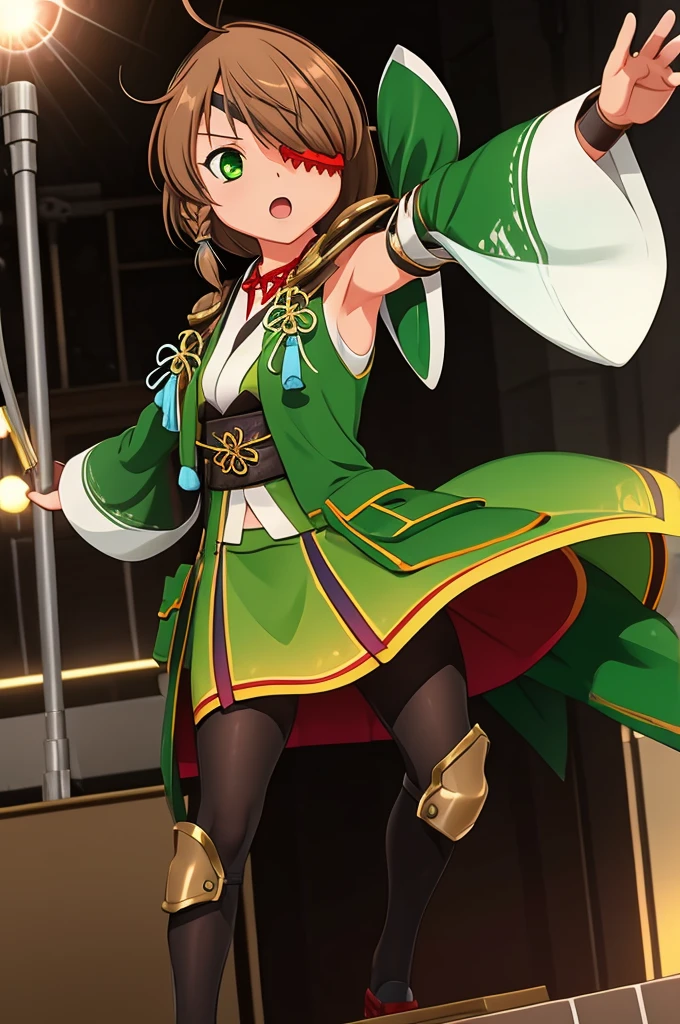 1girl, yamamoto kansuke, light brown hair, short hair, single braid, hair over one eye, ahoge, eyepatch, green eyes, Singing and dancing on the concert stage, Penlight, laser beam, lighting,audience,arena