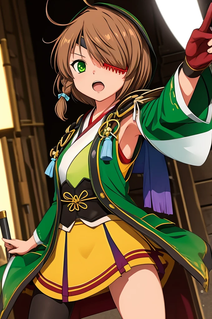 1girl, yamamoto kansuke, light brown hair, short hair, single braid, hair over one eye, ahoge, eyepatch, green eyes, Singing and dancing on the concert stage, Penlight, laser beam, lighting,audience,arena