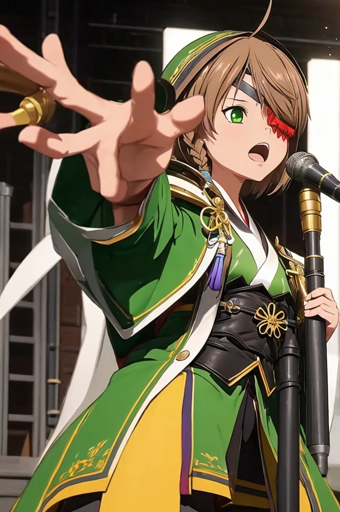 1girl, yamamoto kansuke, light brown hair, short hair, single braid, hair over one eye, ahoge, eyepatch, green eyes, Singing and dancing on the concert stage, Penlight, laser beam, lighting,audience,arena