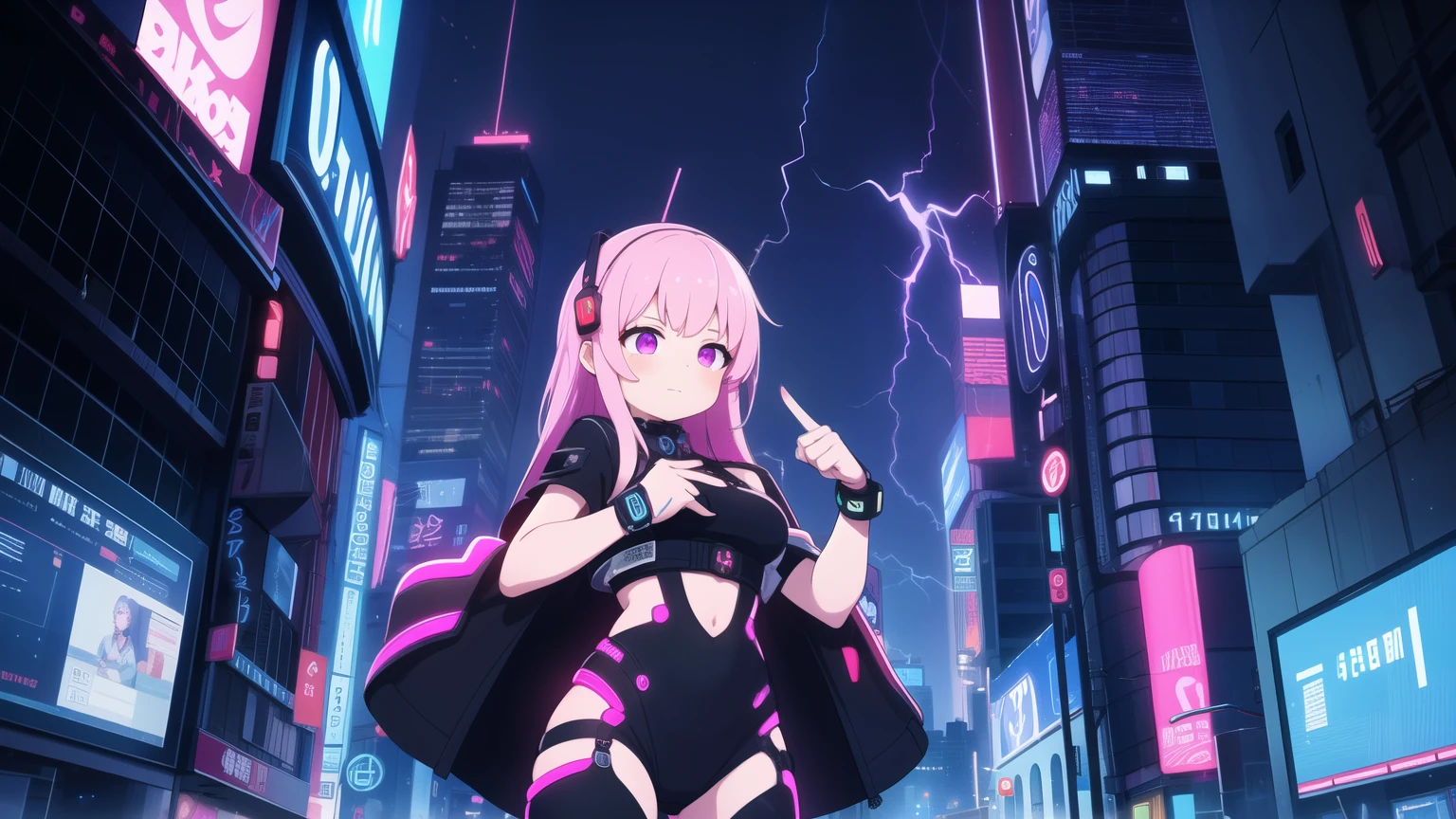 masterpiece, best quality, ultra detailed, anime style, Within a high-tech city, a cute girl commands electricity, sparks cascading along her fingertips. Her cyberpunk-inspired outfit, with circuit-like patterns, resonates with the neon-lit surroundings as she harnesses the energy of the urban landscape, camel toe, กางเกงในสีขาว, มองเห็นกางเกงใน, กางเกงในรัดรูป,