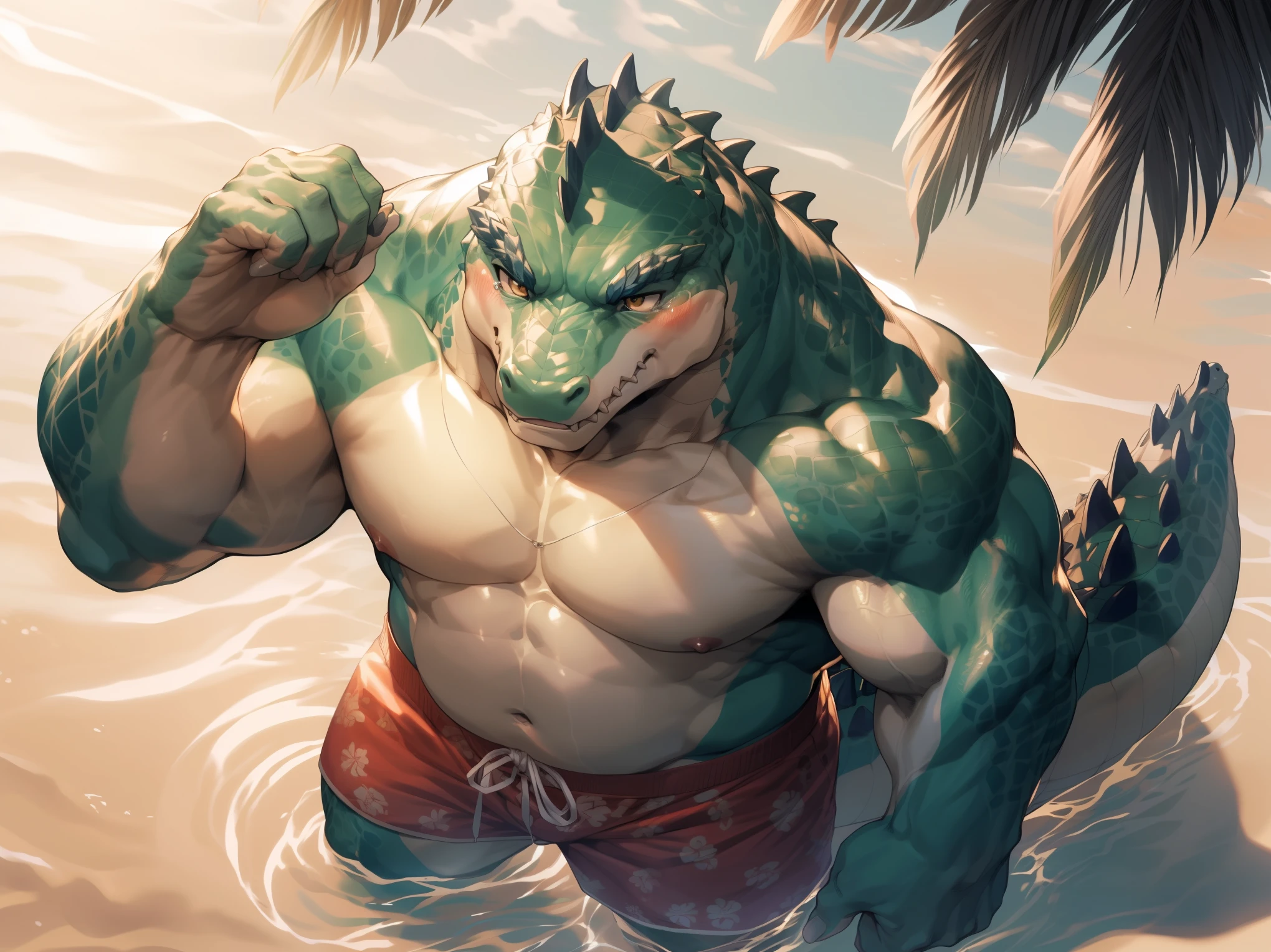 ((best quality)), ((masterpiece)), (ultra detailed),perfect face,antro aligator:2.5, male, ((green crocodile skin)), aligator look, (strong beefy muscular body), (yellowish belly),(abs, strongmuscles, 8 pack), furry, handsome,Beautiful and delicate eyes, (ultra detailed eyes, (green):0.1 eyes, sharp eyes), detailed scene,full body, shirtless, topless, pink nipples, (by null-ghost,by traver009,by lindong,by pino daeni), (full body), wearing random pattern necklace, claws, (scales), majestic, upper body naked, big fellow, muscular male, (wearing short yellow pants), big fellow, huge body, handsome, majestic, barbarous, hairy, male, inside the lake, swimming, anime, full body