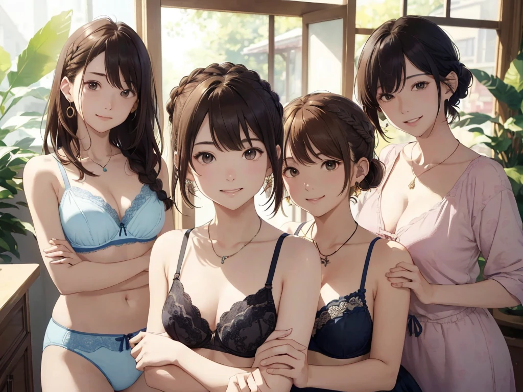 (Highest quality、masterpiece、High resolution)、(Sargent-style watercolor)、(Anime Art)、、((Multiple women、Everyone is standing, got in line))、(Detailed depiction of a beautiful face）、A kind smile、Medium Short Hair、Dark Brown Hair、Braiding、、drink tea、Cinematic Light、Soft sunlight、、Blur the background、White bra and underwear set、Or a black bra and underwear set、Or a red bra and underwear set、Or a blue bra and underwear set、Or wearing a purple bra and underwear set, Or an orange bra and underwear set、Horizontal striped bra、Floral bra、Floral underwear(1.8)。whole bodyが写る(1.8) Six-pack。
information(Highest quality:1.2)、Very detailed、High resolution、masterpiece:1,2、Bright colors、Bokeh、Professional Lighting、Physically Based Rendering、Flat Color:0.8、Great illustrations、Realistic:1.37、Makoto Shinkai style、Name Style、Light Brown Hair、Elegant update、Short Bob、Three young women in casual clothes、Laugh together、Dynamic poselip、cheek(Dark Brown Hair/)bangs、cheek(direction)、(最高masterpiece1.2)繊細なイラストVery detailed、Breaking the blue sky、Detailed Background、20-year-old female、whole bodyが写る、A shy smile、Through clenched teeth、Through clenched teeth、lip、cheek(Flat Color: 0.8)、(masterpiece: 1,2)、(masterpiece: 1,2)、High resolution、超High resolution、Highest quality、High resolution、Ultra-thin illustration、Makoto Shinkai style、Your name is style、Short Bob、necklace、Earrings、Dynamic pose、Selfie、whole body、Brown Hair、Braiding、Hair Bun、ponytail･Hair Bunスタイル、necklace、Valletta、ribbon、Earringsアニキュア,。
