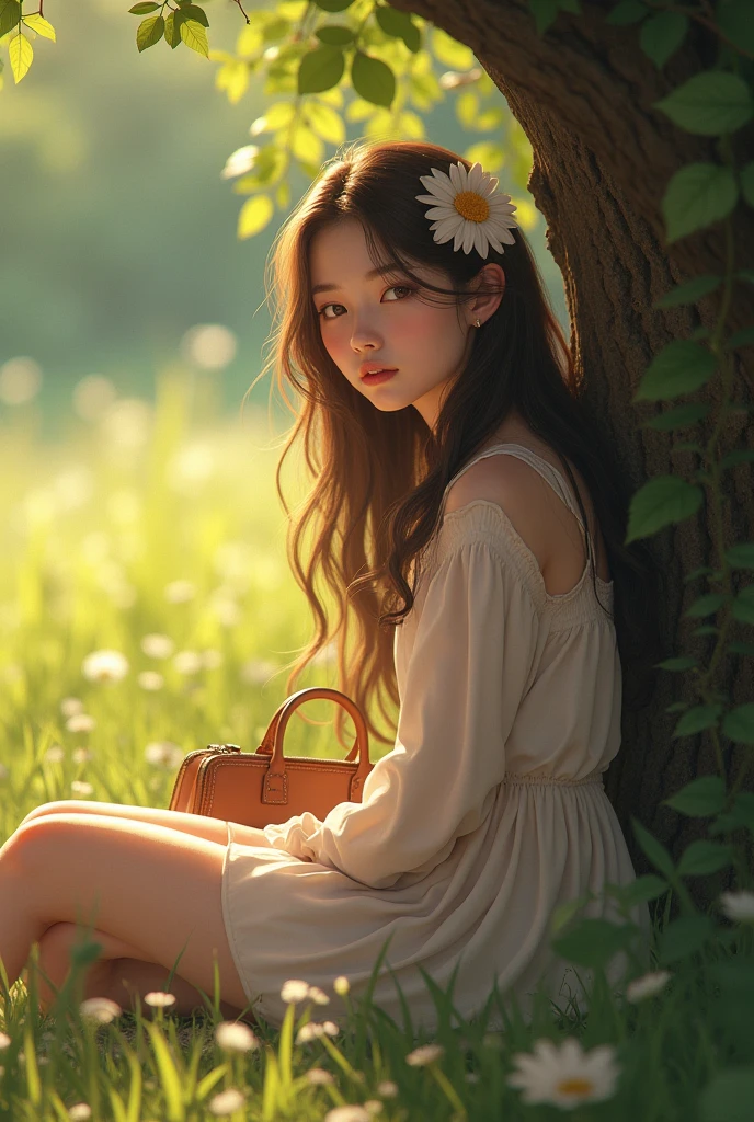 Sitting Woman、6years old、((of the highest quality, 8K,Raw photo)), (Realistic, Photorealistic: 1.37),BREAK、Cosmos flower、Cosmos flower garden、