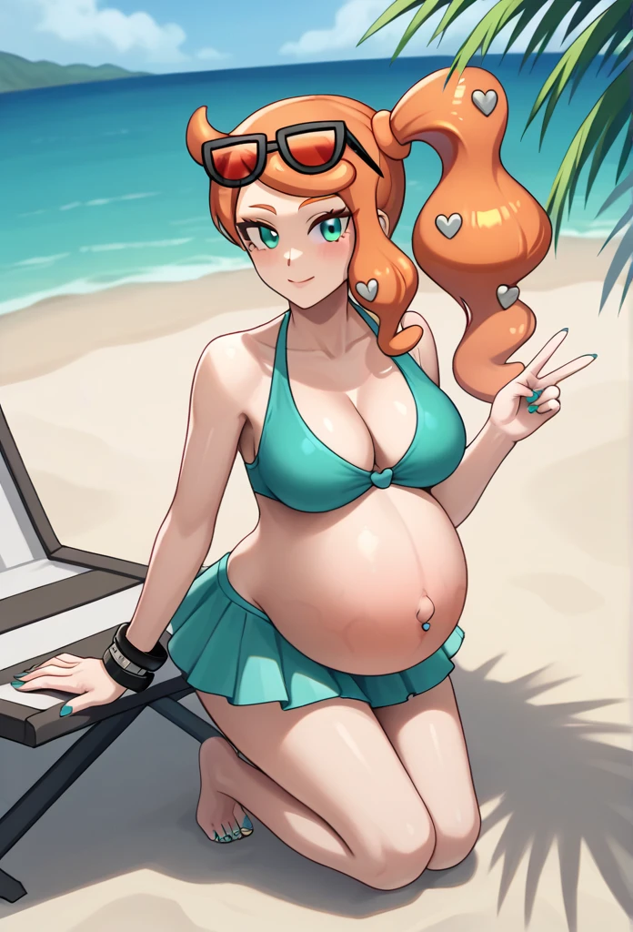 score_9, score_7_up BREAK solo,EPpkSonia,orange hair, side ponytail, aqua eyes, long hair, eyewear on head, sunglasses, heart hair ornament, aqua bikini, pregnant, (huge belly), Belly button piercing, cleavage, bracelet, collarbone, panties, nail polish, aqua nails, aqua toenails, beach, belly rub, Hawaii skirt