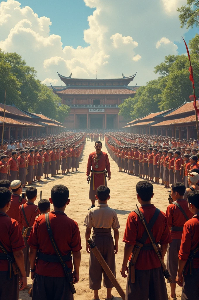 Scene picture, outdoor martial arts training ground, very, very many people, standing a lot of spectators, looking at the competition platform, gathering, , handing heads and ears, Chinese ancient style, Chinese martial arts style. 4K, bright colors. Anime fights trends on the sky. The face is clear, the facial features are delicate, and the resolution is ultra-high-resolution.