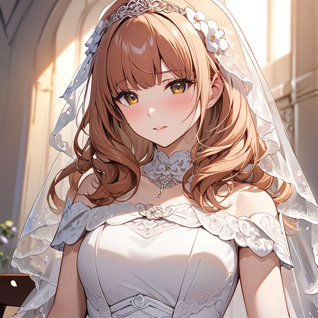 ((Highest quality)), ((masterpiece)), (detailed), （Perfect Face）、The woman is Celica、The woman is wearing a gorgeous wedding dress and a wedding veil.